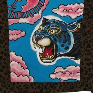 Denim Up Cycled Jacket Hand Painted Stoned Lepoard Tattoo Style Woman XL 22"